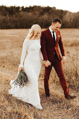 Rustic Ivory Mermaid Long Sleeves Backless Wedding Dresses, Bridal Dress