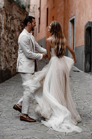 Rustic Tulle Pleated A-line Sweetheart Wedding Dresses, Bridal Gown
