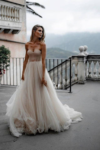 Rustic Tulle Pleated A-line Sweetheart Wedding Dresses, Bridal Gown