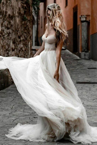 Rustic Tulle Pleated A-line Sweetheart Wedding Dresses, Bridal Gown