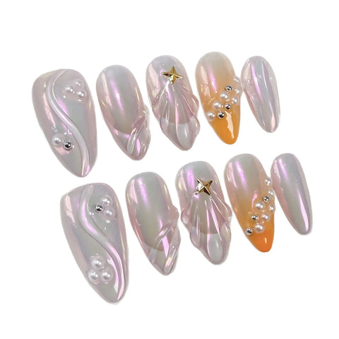 10pcs Aurora French Press On Nails 3D Seashells Pearl Y2k Star Designs Relif Fake Nails Gradient Orange Almond Handmade Manciure
