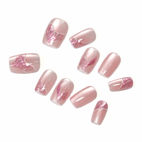 10pcs Nude Pink Cat's Eye Press On Nails Handmade Pink Mermaid Tail Pattern False Nails Sweet European Wearable Fake Nail Tips