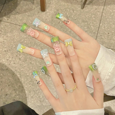 10pcs Gradient Green French Press On Nails 3D Bear Bowknots Pearl Star Love Heart Decor Handmade False Nail Duck Bill Manicure