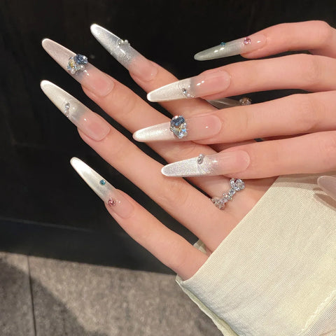 10pcs Colorful French Style False Nails Dopamine Glossy Cat's Eye Fresh Handmade Press On Nails Summer Shiny Diamond Fake Nail