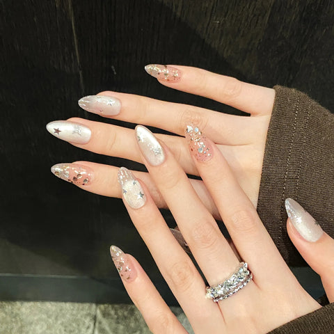 10pcs Baroque Handmade Press On Nails Romantic Cat's Eye Flash Silver Star Gold Foil Designs False Nail Y2k Almond Fake Nails