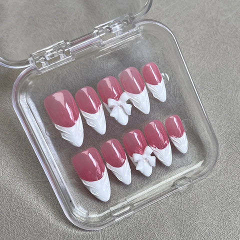 10pcs White French Handmade False Nails 3D Bowknots Designs Press On Nails Rose Pink Detachable Almond Fake Nail Patches