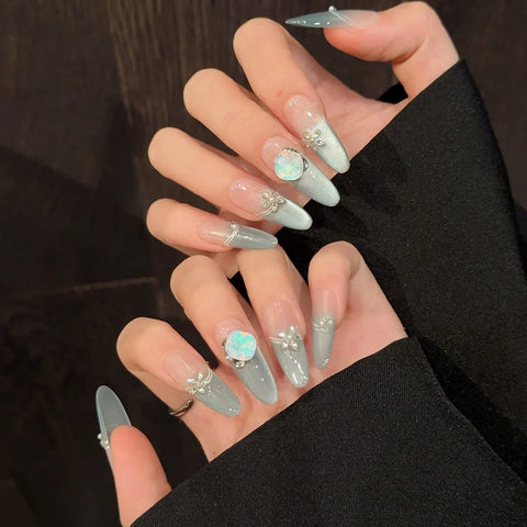 10pcs Solid Color Handmade False Nails Light Green French Style Gentle Long Almond Press On Nails Shiny Diamond Summer Fake Nail