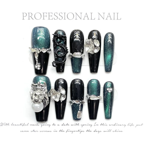 10pcs Spicy Girls Wearable Fake Nails Starry Sky Cat's Eye Long Coffin Handmade Press On Nails Full Shiny Diamond Y2k False Nail