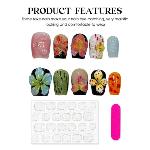 10pcs Handamde Press On Nails 3D Colorful Flower Designs False Nails Tips Glossy Short Square Wearable Summer Fake Nail Patches