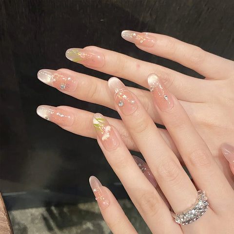 10pcs Blush Cat's Eye Manicure Hand-painted Tulip Flower Shiny Rhinestone Press On Nails Sweet Pink Spring Summer False Nails