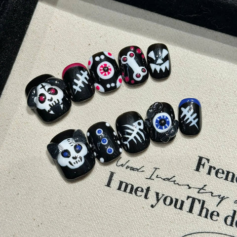 10pcs Halloween Theme False Nail Tips 3D Devil Love Heart Designs Press On Nails Rose Pink Short Round Handmade Fake Nails Art