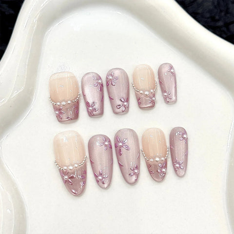 10pcs Handmade Press On Nails Light Purple French Style Cat's Eye False Nails Gentle Flower Designs Wearable Fake Nail Tips