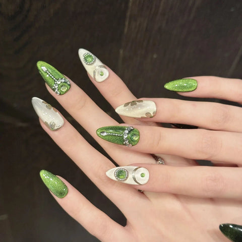 10pcs Handmade Press On Nails Green Cat's Eye Summer Fresh Fake Nail Tips Shiny Diamond Decor Light Luxury False Nail For Girls