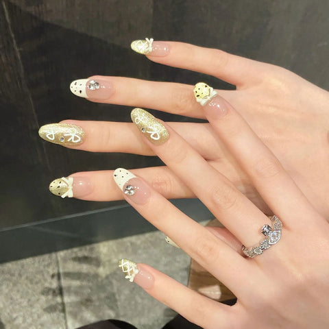 10pcs Handmade Press On Nails Kawaii Almond White French Bowknots Decor Fake Nails Shiny Gold Powder Cat Eye Sweet False Nail