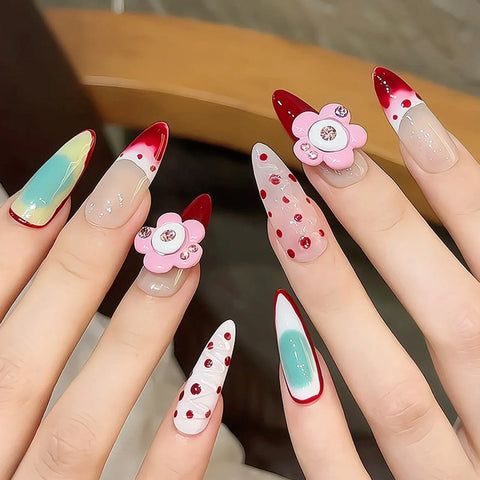 10pcs Red French Style Press On Nails Glossy Blush Pink Handmade False Nail 3D Flower Designs Reusable Long Almond Fake Nail Tip