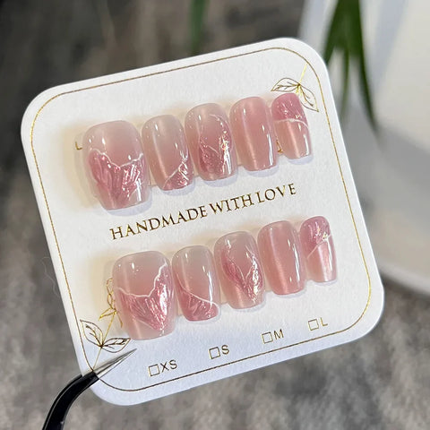10pcs Nude Pink Cat's Eye Press On Nails Handmade Pink Mermaid Tail Pattern False Nails Sweet European Wearable Fake Nail Tips
