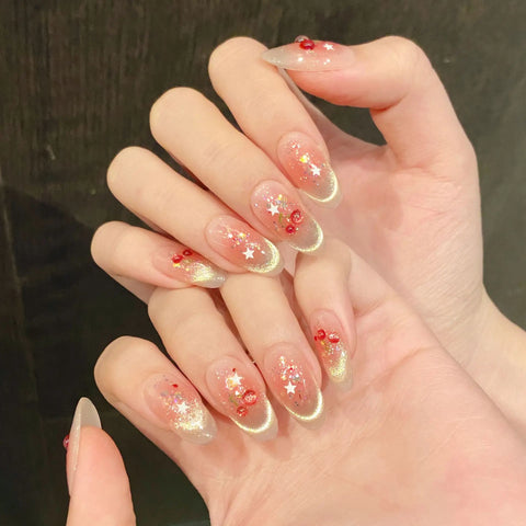 10pcs Sweet Cherry Press On Nails For Women Girls Shiny Smile Cat's Eye Y2k Star Handmade Fake Nails Gentle Blush False Nail