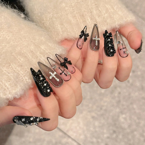 10pcs Handmade Press On Nails Dark Black Long Stiletto 3D Bowknots Rhinestone Decor False Nails Sweet Cool Manicure For Women