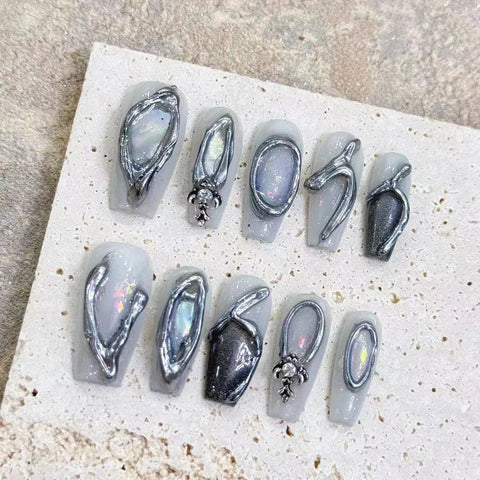 10pcs Baroque Handmade False Nails Mid-length Metal Graffiti Designs Press On Nails Y2k Punk Style Fake Nail Tips For Cool Girl