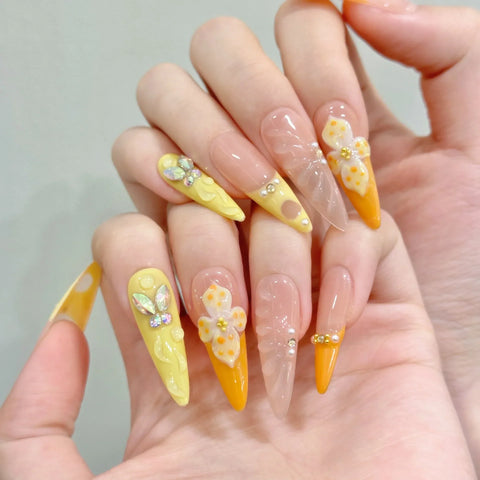 10pcs Vitality Orange French Handmade Press On Nails 3D Carving Egg Flower Designs False Nail Long Ballet Summer Fake Nail Tips