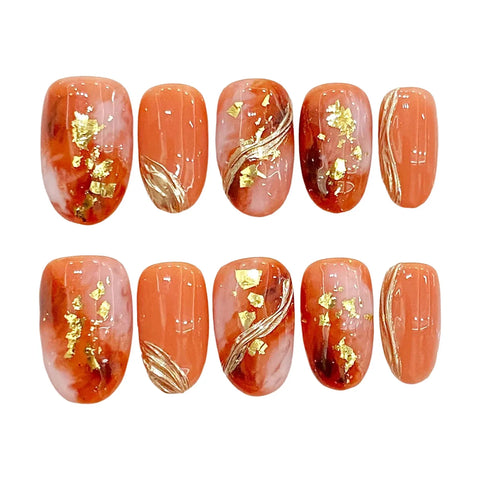 10pcs Handmade Press On Nails Smudging Orange Shiny Gold Foil Designs Fake Nails Court Style Japenese False Nail For Women Girls