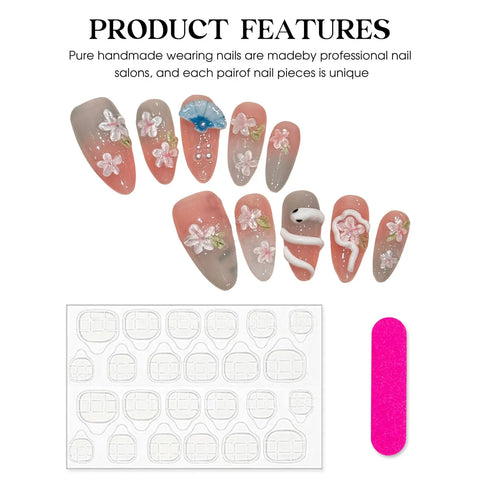 10pcs Blush Pink False Nail Patches Handmade Almond Press On Nails With 3D Snake Peach Flower Decor Korean Style Fake Nails Art
