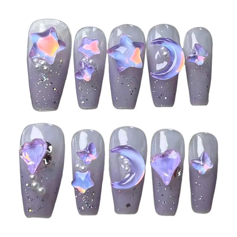 10pcs Detachable Press on Nails Sugar Cream Sparkling Handmade Fake Nails Glossy Purple False Nail Tips With 3D Moon Star Design