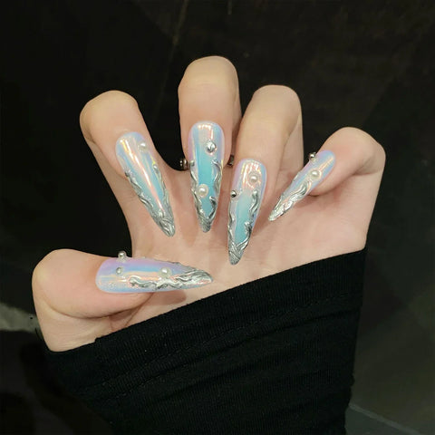 10pcs Handmade Press On Nails Aurora Short T & Long Stiletto Shape Fake Nail Set Silver Metal Designs Spicy Girl False Nail