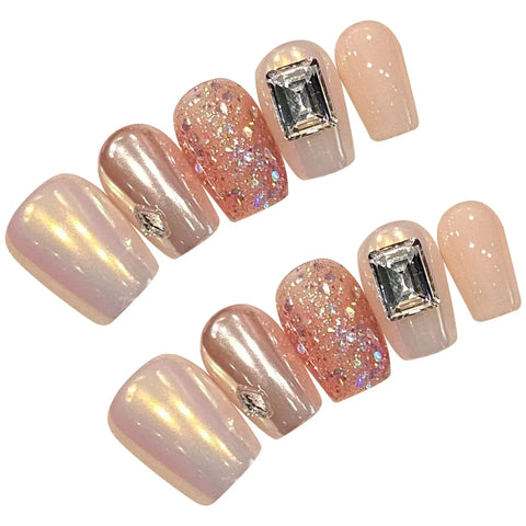 10pcs Short Square Press On Nail Aurora Pink Glosy Rhinestone Designs Handmade Fake Nails Wearable Flash Sequins False Nails