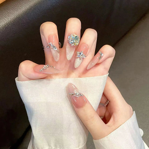 10pcs Sequins Cat's Eye Press On Nails Handmade Pink Fake Nail Patches With Glitter Diamond Designes Reusable French False Nails