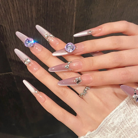 10pcs Charming Blush Handmade False Nails Gradient Purple French Long Almond Fake Nail With Glossy Rhinestone Press On Nails