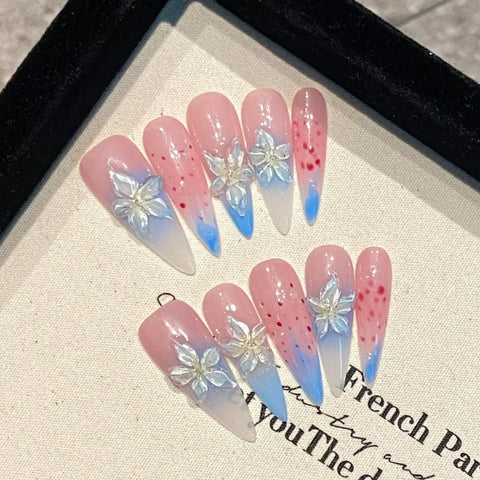 10pcs Vitality Orange French Handmade Press On Nails 3D Carving Egg Flower Designs False Nail Long Ballet Summer Fake Nail Tips