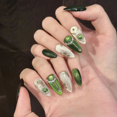 10pcs Handmade Press On Nails Green Cat's Eye Summer Fresh Fake Nail Tips Shiny Diamond Decor Light Luxury False Nail For Girls