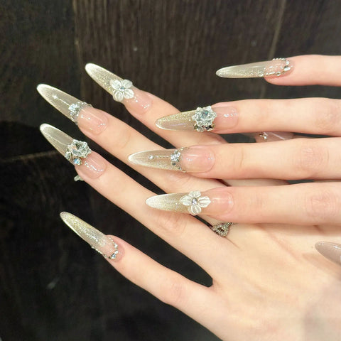 10pcs Long Almond Ballet False Nail Ice Transparent Cat Eye 3D Carving Flower Handmade Press on Nail Flash Rhinestone Fake Nails