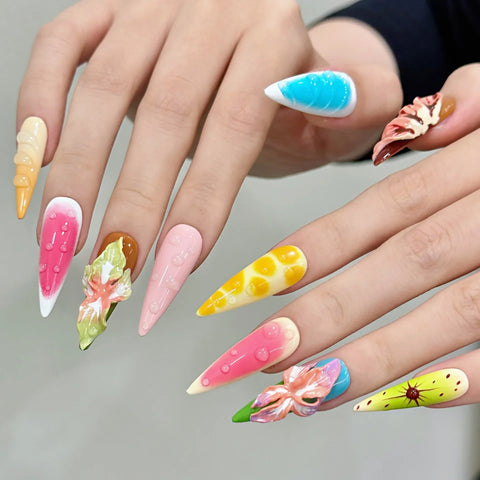10pcs Tropical Flower Handmade Press On Nails Colorful Blossom Summer Day Dopamine False Nails Long Stiletto Sweet Cool Manicure