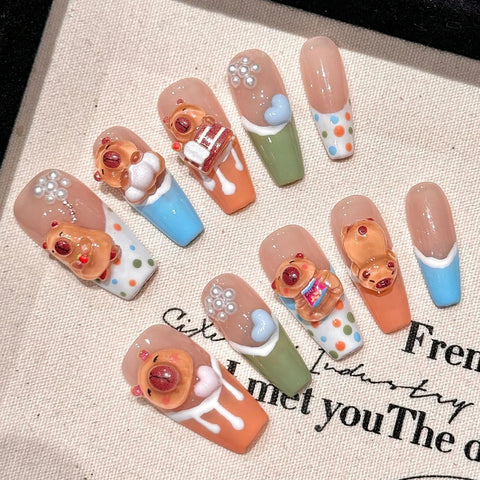 10pcs Cute Kapibala Handmade Fake Nails Blush Pink Hand-painted French Style Press On Nails Bowknots Decor Wearable False Nail