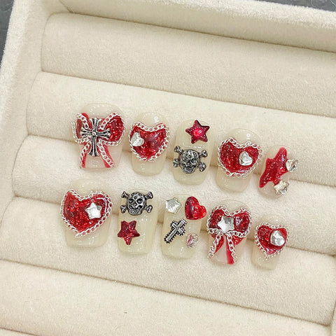 10pcs Sweet Korean Fake Nail Patches Handmade Red Love Heart Bowknots Metal Skull Press On Nails Wearable False Nail Tips Art