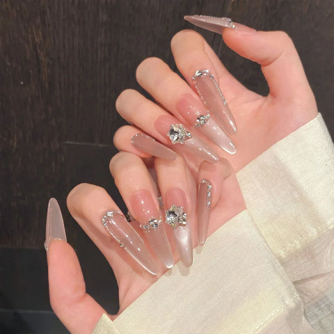 10pcs Handmade Press On Nails Pure Nude Color Cat's Eye Light Pink False Nails Glossy Diamond French Style Fake Nail Wearable