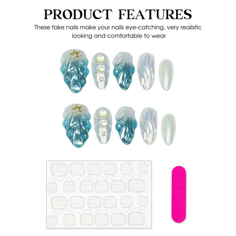 10pcs 3D Summer Handmade Fake Nails Glossy French Style Press On Nail Fflash Shells Pearl Golden Star Designs Press On Nails