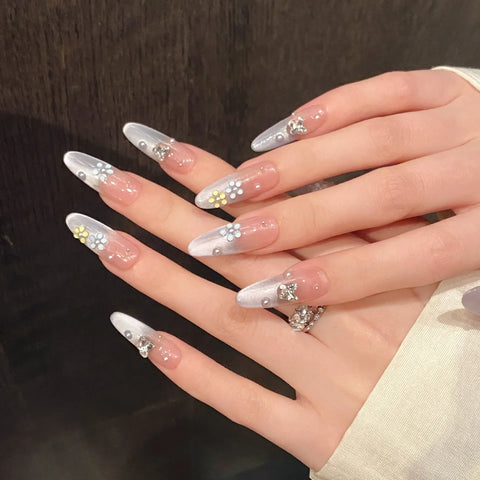 10pcs Candy Ice Flower False Nails Handmade Light Blue French Style Ctystal Butterfly Press On Nail Dopamine spring Fake Nails