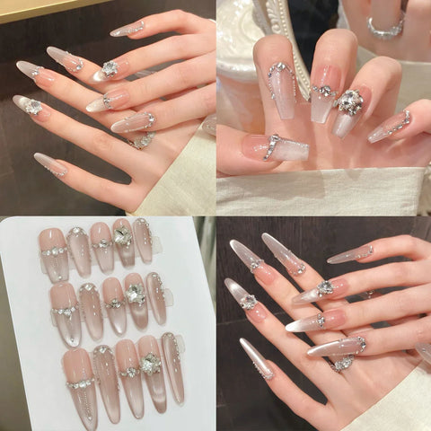 10pcs Handmade Press On Nails Pure Nude Color Cat's Eye Light Pink False Nails Glossy Diamond French Style Fake Nail Wearable