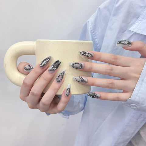 10pcs Baroque Handmade False Nails Mid-length Metal Graffiti Designs Press On Nails Y2k Punk Style Fake Nail Tips For Cool Girl