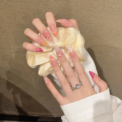 10pcs Handmade Almond Press On Nails Light Pink French Style Fake Nail Patches Paint Flower Flash Rhinestone Decor False Nails