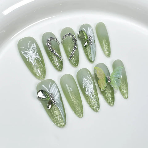 10pcs Handmade Press On Nails Smudging Black Butterfly Shiny Seuquins Designs False Nail Y2k Sweet Cool Long Almond Fake Nails