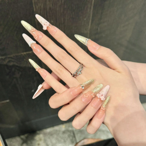 10pcs Shimmry Gold Cat's Eye Press On Nails Peach Pink French Pearl Skirt Hem Bowknots Handmade False Nail Long Almond Fake Nail