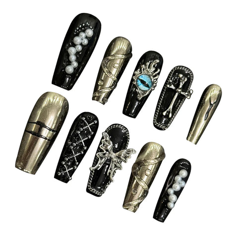 10pcs Dark Black Handmade Fake Nails MId-lenght Y2k Style Press On Nails Metal Butterfly Cross Pearl Designs False Nail Patches