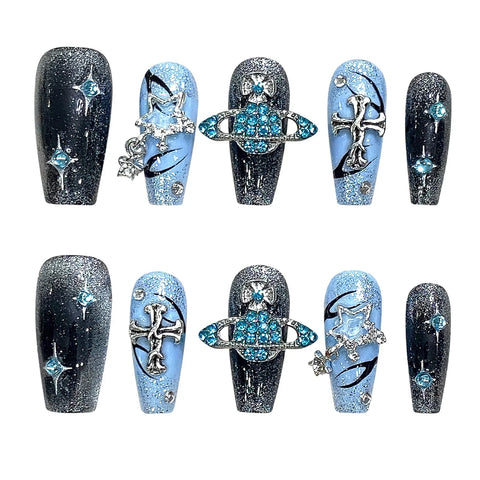 10pcs Y2k Style Press On Nails Handmade Flash Blue False Nail Patches With Glossy Diamond Cross Designs Detachable Fake Nails