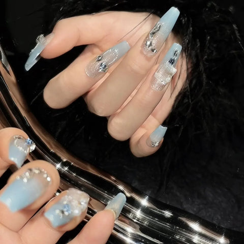 10pcs Gradient Blue Fake Nail Tips Handmade French Style Press On Nails With Flash Chain Rhinestone Decor Wearable False Nails