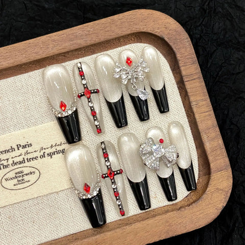 10pcs Spicy Girl Wearable Fake Nails Handmade Bulb Cat's Eye Black French Style False Nail Shiny Rhinetone Press On Nails Coffin