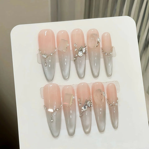 10pcs Green Grapefruit Color Press On Nails Handmade Ice Transparent Cat Eye Fake Nail Simple Light Luxury False Nail For Spring